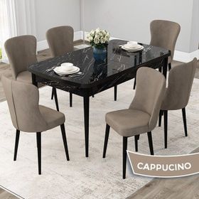 Canisa Concept Due Serisi 80x132 cm Açılabilir Siyah Mermer Desen 6 Sandalye Cappuccino Mutfak Masası Takımı