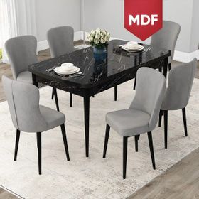 Canisa Concept Due Serisi 80x132 cm Açılabilir Siyah Mermer Desen 6 Sandalye Gri Mutfak Masası Takımı