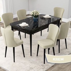 Canisa Concept Due Serisi 80x132 cm Açılabilir Siyah Mermer Desen 6 Sandalye Krem Mutfak Masası Takımı