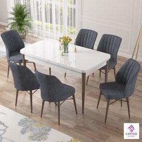 Canisa Concept Eva Serisi Barok Ahşap Desen MDf Açılabilir 6 Sandalye 80x132 cm Mutfak Masa Takımı