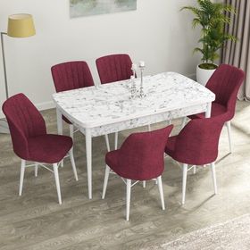 Canisa Concept Eva Serisi Barok Ahşap Desen MDf Açılabilir 6 Sandalye 80x132 cm Mutfak Masa Takımı