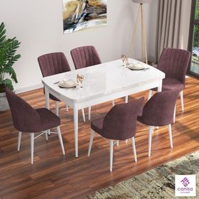 Canisa Concept Eva Serisi Barok Ahşap Desen MDf Açılabilir 6 Sandalye 80x132 cm Mutfak Masa Takımı