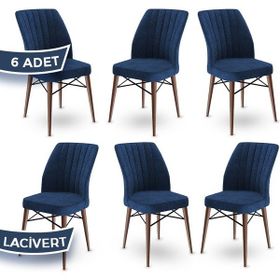 Canisa Concept Flex Serisi Üst Kalite Gürgen Ceviz Ahşap Ayak Lacivert 6 Adet Mutfak Sandalyesi