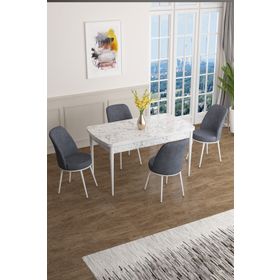 Canisa Concept Han Serisi 70x114 cm Beyaz Mermer Desen Masa Açılabilir 4 Sandalye Mdf Mutfak Masa Takımı