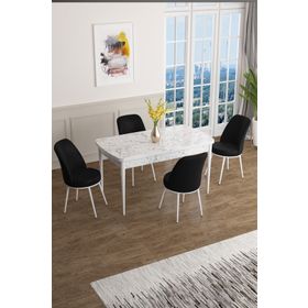Canisa Concept Han Serisi 70x114 cm Beyaz Mermer Desen Masa Açılabilir 4 Sandalye Mdf Mutfak Masa Takımı