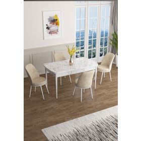 Canisa Concept Han Serisi 70x114 cm Beyaz Mermer Desen Masa Açılabilir 4 Sandalye Mdf Mutfak Masa Takımı