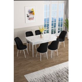 Canisa Concept Han Serisi 70x114 cm Beyaz Mermer Desen Masa Açılabilir 6 Sandalye Mdf Mutfak Masa Takımı