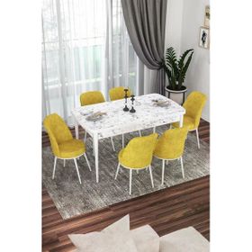 Canisa Concept Kor Serisi 70x114 cm Açılabilir Beyaz Hardal Mermer Desen Mutfak Masa Takımı