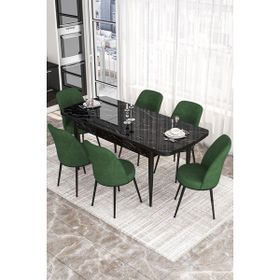 Canisa Concept Kor Serisi 70x114 cm Açılabilir Siyah Haki Yeşili Mermer Desen Mutfak Masa Takımı
