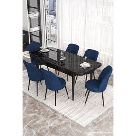 Canisa Concept Kor Serisi 70x114 cm Açılabilir Siyah Lacivert Mermer Mutfak Masa Takımı