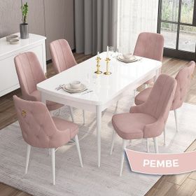 Canisa Concept MDF Are Serisi 80x132 CM Pembe 6 Sandalyeli Açılabilir Mutfak Masası