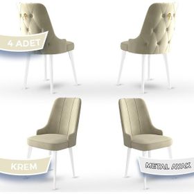 Canisa Concept Newa Serisi 4 Adet 1. Sınıf Babyface Kumaş Beyaz Metal Ayaklı Gold Halkalı Krem Sandalye