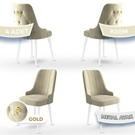 Canisa Concept Newa Serisi 4 Adet 1. Sınıf Babyface Kumaş Beyaz Metal Ayaklı Gold Halkalı Krem Sandalye