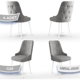 Canisa Concept Newa Serisi 4 Adet 1. Sınıf Babyface Kumaş Beyaz Metal Ayaklı Gümüş Halkalı Gri Sandalye
