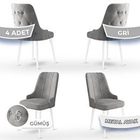 Canisa Concept Newa Serisi 4 Adet 1. Sınıf Babyface Kumaş Beyaz Metal Ayaklı Gümüş Halkalı Gri Sandalye