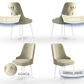 Canisa Concept Newa Serisi 4 Adet 1. Sınıf Babyface Kumaş Beyaz Metal Ayaklı Gümüş Halkalı Krem Sandalye