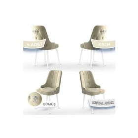 Canisa Concept Newa Serisi 4 Adet 1. Sınıf Babyface Kumaş Beyaz Metal Ayaklı Gümüş Halkalı Krem Sandalye