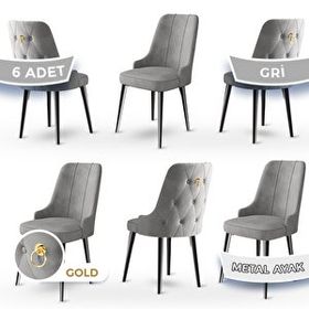 Canisa Concept Newa Serisi 6 Adet 1. Sınıf Babyface Kumaş Siyah Metal Ayaklı Gold Halkalı Gri Sandalye
