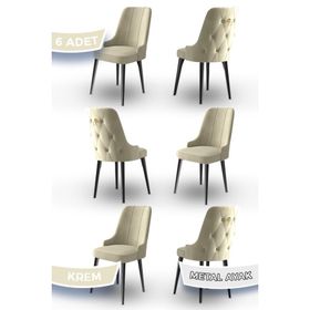 Canisa Concept Newa Serisi 6 Adet 1. Sınıf Babyface Kumaş Siyah Metal Ayaklı Gold Halkalı Krem Sandalye