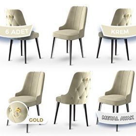Canisa Concept Newa Serisi 6 Adet 1. Sınıf Babyface Kumaş Siyah Metal Ayaklı Gold Halkalı Krem Sandalye