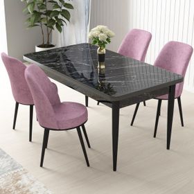 Canisa Concept Nil Siyah Mermer Desen 4 Adet Sandalye Sabit Yemek Masası