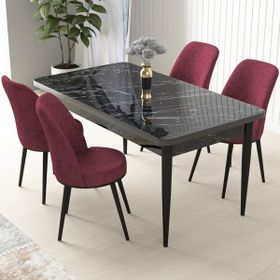 Canisa Concept Nil Siyah Mermer Desen 4 Adet Sandalye Sabit Yemek Masası