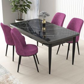 Canisa Concept Nil Siyah Mermer Desen 4 Adet Sandalye Sabit Yemek Masası
