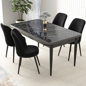 Canisa Concept Nil Siyah Mermer Desen 4 Adet Sandalye Sabit Yemek Masası