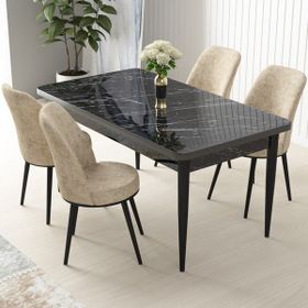 Canisa Concept Nil Siyah Mermer Desen 4 Adet Sandalye Sabit Yemek Masası