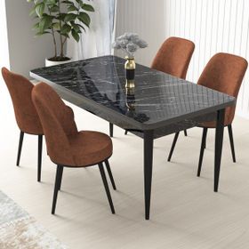 Canisa Concept Nil Siyah Mermer Desen 4 Adet Sandalye Sabit Yemek Masası