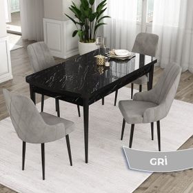 Canisa Concept Ram 80x132 CM 4 Baby Face Kumaş Gri Sandalye Siyah Mermer Desen Açılabilir Yemek Masası