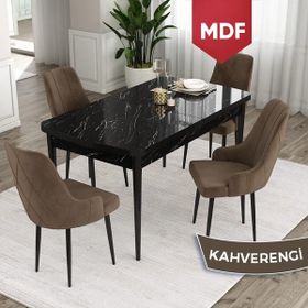 Canisa Concept Ram 80x132 CM 4 Baby Face Kumaş Kahverengi Sandalye Siyah Mermer Desen Açılabilir Yemek Masası