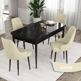 Canisa Concept Ram 80x132 CM 4 Baby Face Kumaş Krem Sandalye Siyah Mermer Desen Açılabilir Yemek Masası