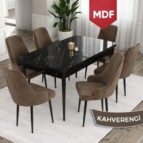 Canisa Concept Ram 80x132 CM 6 Baby Face Kumaş Kahverengi Sandalye Siyah Mermer Desen Açılabilir Yemek Masası
