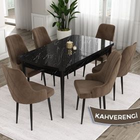 Canisa Concept Ram 80x132 CM 6 Baby Face Kumaş Kahverengi Sandalye Siyah Mermer Desen Açılabilir Yemek Masası