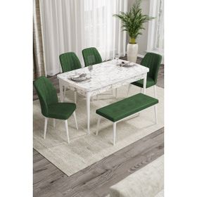 Canisa Concept Rio Serisi 80x132 cm Benchli Beyaz Mermer Desenli Haki Yeşili Mdf Mutfak Masası Takımı