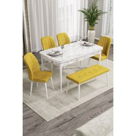 Canisa Concept Rio Serisi 80x132 cm Benchli Beyaz Mermer Desenli Hardal Mdf Mutfak Masası Takımı