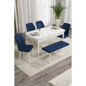 Canisa Concept Rio Serisi 80x132 cm Benchli Beyaz Mermer Desenli Lacivert Mdf Mutfak Masası Takımı