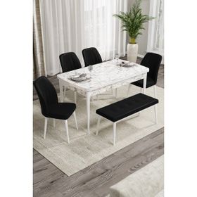 Canisa Concept Rio Serisi 80x132 cm Benchli Beyaz Mermer Desenli Siyah Mdf Mutfak Masası Takımı