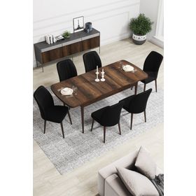 Canisa Concept Rio Serisi Barok Ahşap Desen Mdf Açılabilir 6 Sandalye 80x132 cm Mutfak Masa Takımı