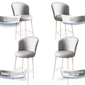 Canisa Concept Uras Serisi 4 Adet Gri Deri Ada Beyaz Metal Ayaklı Bar Sandalyesi