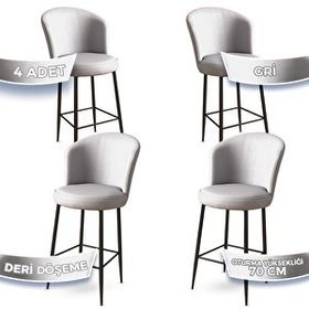 Canisa Concept Uras Serisi 4 Adet Gri Deri Ada Siyah Metal Ayaklı Bar Sandalyesi