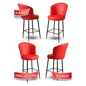 Canisa Concept Uras Serisi 4 Adet Kırmızı Deri Ada Siyah Metal Ayaklı Bar Sandalyesi