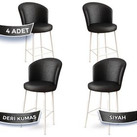 Canisa Concept Uras Serisi 4 Adet Siyah Deri Ada Beyaz Metal Ayaklı Bar Sandalyesi