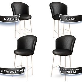Canisa Concept Uras Serisi 4 Adet Siyah Deri Ada Beyaz Metal Ayaklı Bar Sandalyesi