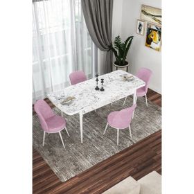 Canisa Concept Via Serisi 80x132 cm Açılabilir Beyaz Mermer Desen 4 Adet Pembe Sandalye Mutfak Masa Takımı