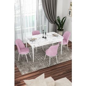 Canisa Concept Via Serisi 80x132 cm Açılabilir Beyaz Mermer Desen 4 Adet Pembe Sandalye Mutfak Masa Takımı