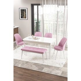 Canisa Concept Zen Serisi 80x132 cm Benchli Açılabilir Beyaz Pembe Mdf Mutfak Masası Takımı