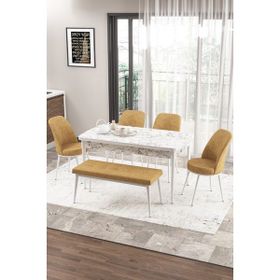 Canisa Concept Zen Serisi 80x132 cm Benchli Beyaz Mermer Desen Açılabilir Mdf Cappucino Mutfak Masası Takımı
