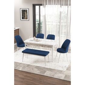 Canisa Concept Zen Serisi 80x132 cm Benchli Beyaz Mermer Desen Açılabilir Mdf Lacivert Mutfak Masası Takımı